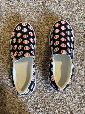 Black Baseball-Print Slip-On Shoes